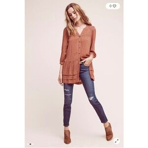 Anthropologie Holding Horses XSmall Pavin Buttondown Tunic Orange Ruffle Dress